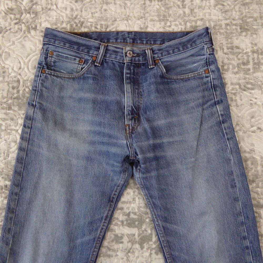 Levis 505 Jeans Mens 33x30 Blue Solid Denim Straight Distressed Workwear Adult - Picture 2 of 16